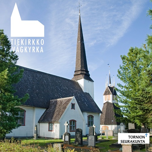 Tornion kirkon kesäinen kuva sekä Tiekirkon logo ja Tornion seurakunnan logo