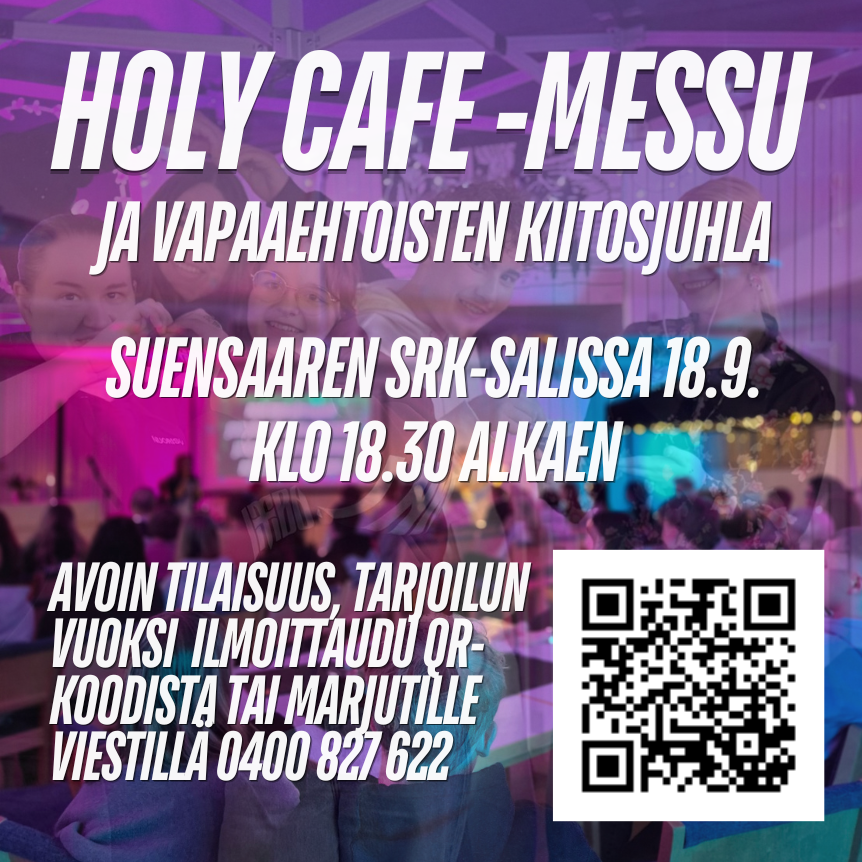 Värikkäällä pohjalla ihmisiä Holy cafe -messussa