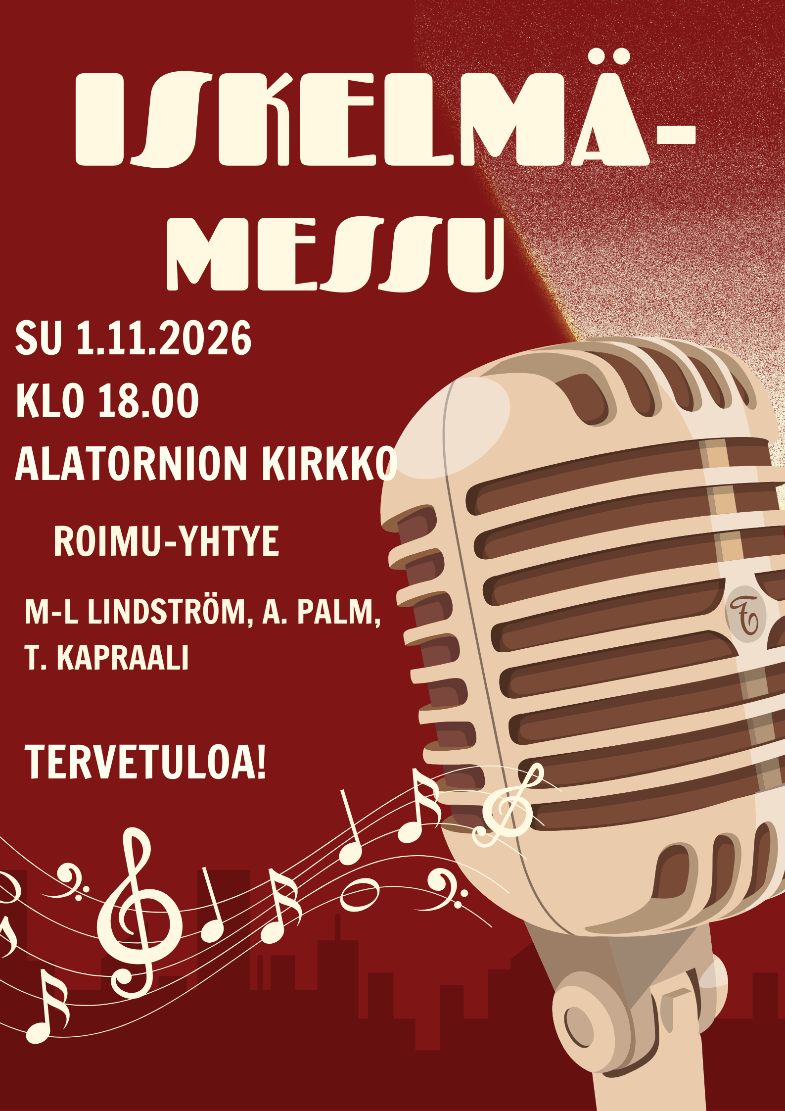 Mainosjuliste, jossa on nuotteja ja mikrofoni punaisella pohjalla