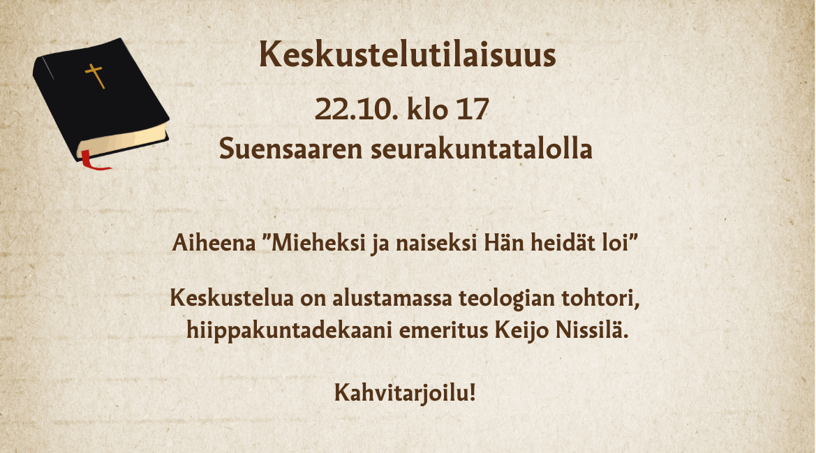 Keskustelutilaisuuden mainos, jossa on Raamatun kuva