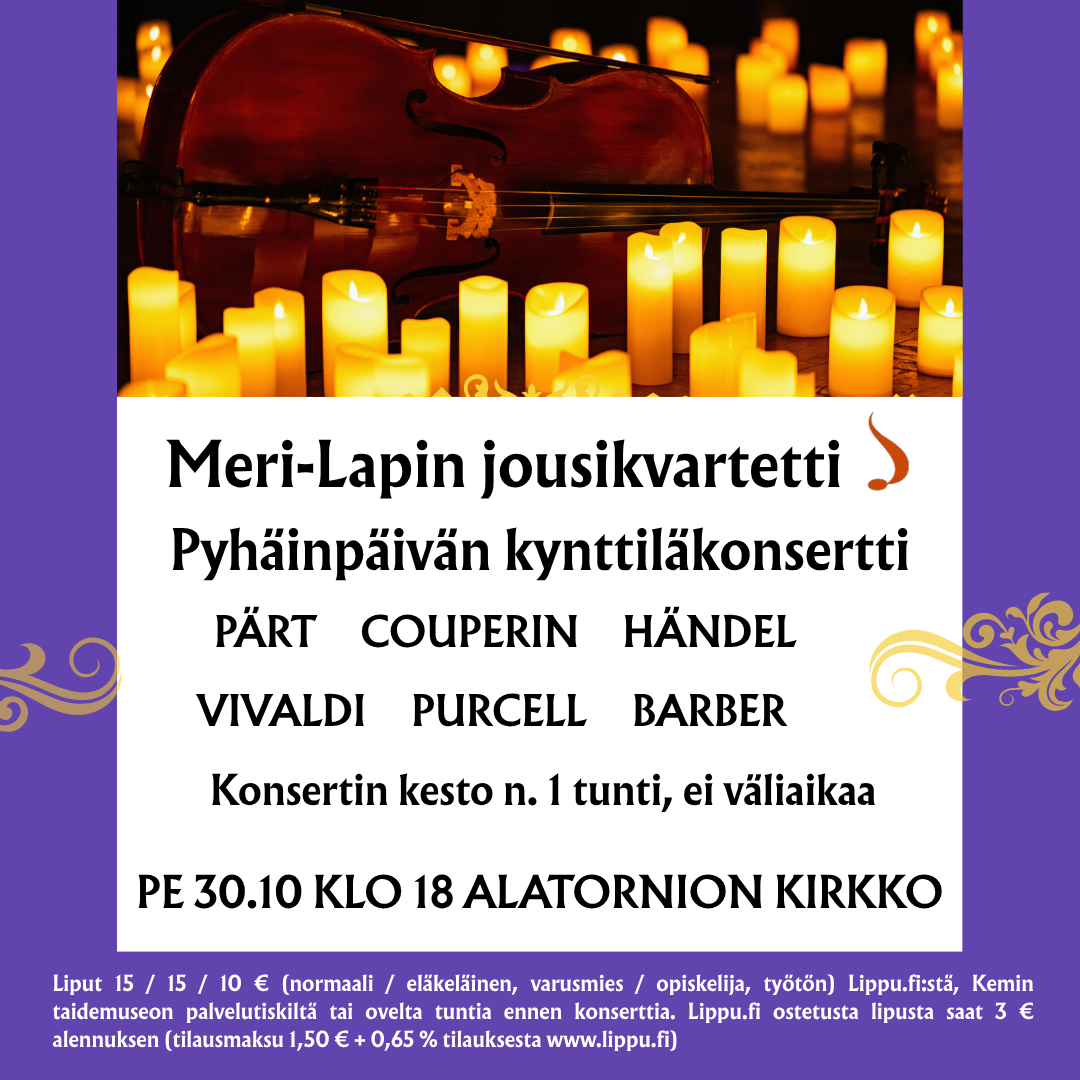 Pyhäinpäivän kynttiläkonsertin mainos, jossa kynttilämeri.