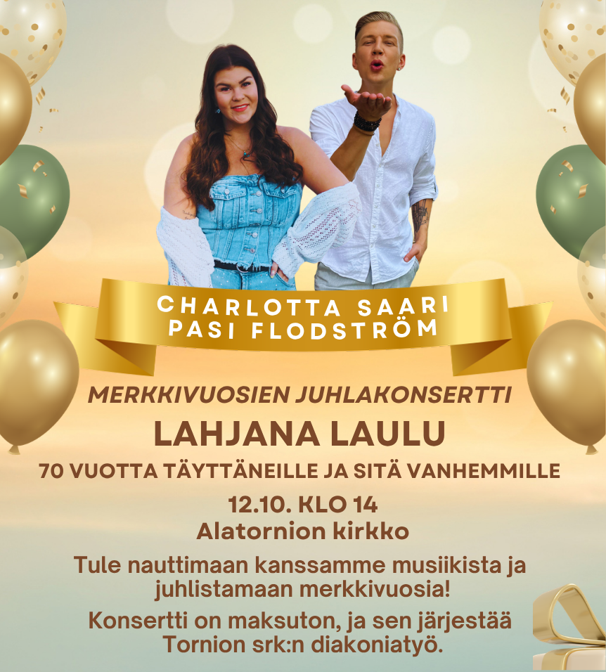 Syntymäpäiväkonsertin mainos, jossa on kuva Pasi Flodströmistä ja Charlotta Saaresta.