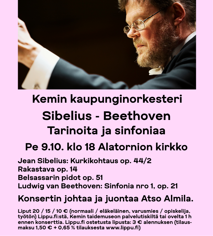 Kemin kaupunginorkesteri konserttimainos, jossa on kapellimestarin kuva.
