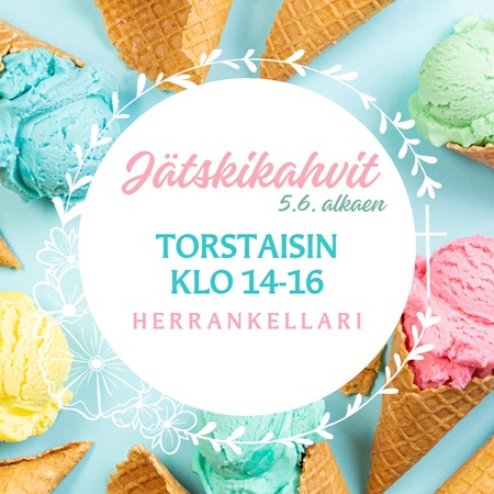 Jätskikahvit Taustalla erivärisiä jäätelöitä ja keskellä tapahtumatiedot.