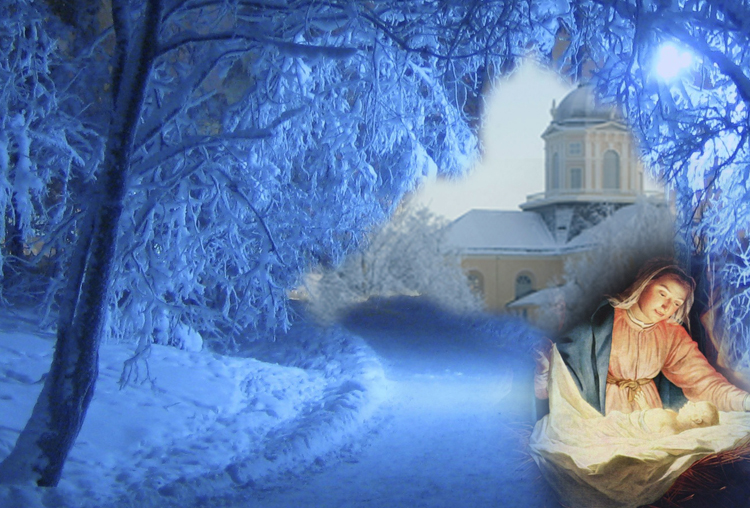 Kuvituskuva Alatornion kirkon talvinen kuva yhdistettynä seimen kuvaan