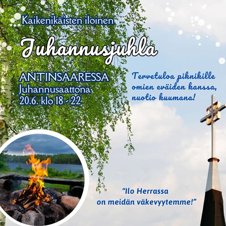 Kaikenikäisten iloinen juhannusjuhla Vihreälehtinen koivu taivasta vasten sekä nuotio ja torni sekä tapahtumatiedot.