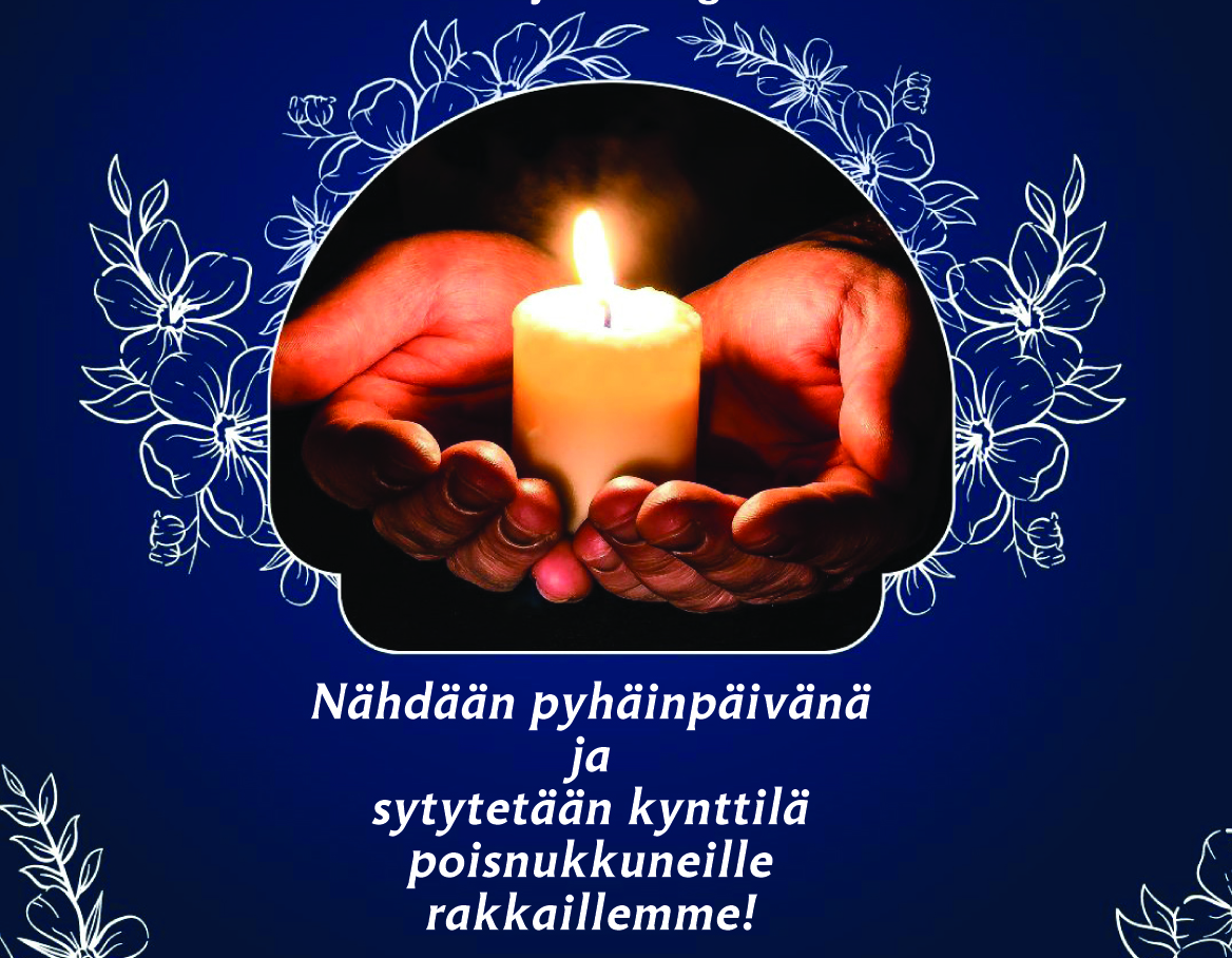 kuvituskuva, kynttilä kämmenillä ja teksti
