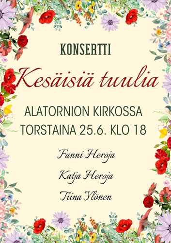 Kesäkukkareunuksinen ilmoitus, jossa tapahtuman tiedot.