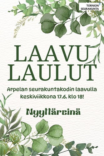 Vihreitä oksia oikeassa yläkulmassa ja vasemmassa alakulmassa sekä tapahtuman tiedot.