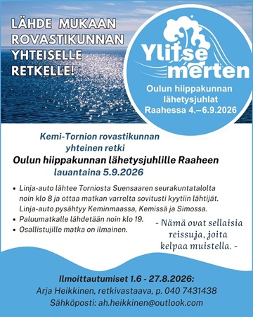 Yläosassa taustalla merimaisema ja lähetysjuhlien logo. Keskellä ja alareunassa tapahtuman tiedot.