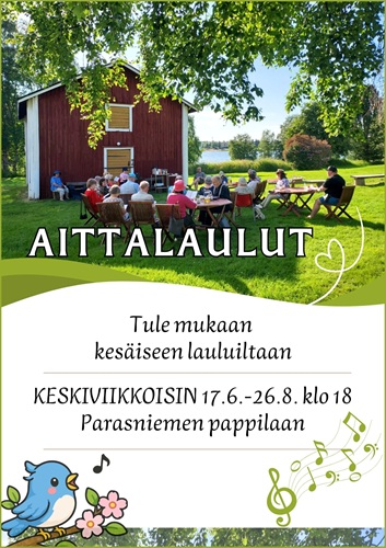 Yläosassa lauluhetki Parasniemen kesäisessä maisemassa ja tapahtuman tiedot.