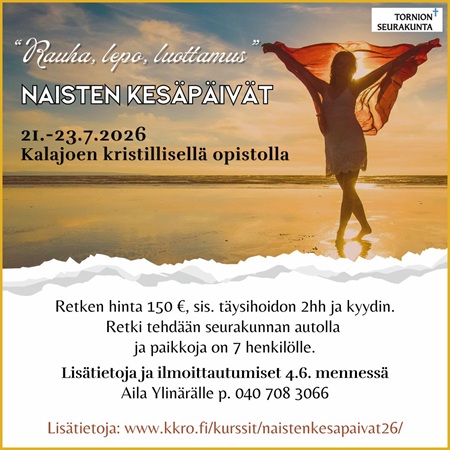 Nainen levittää huivinsa veden äärellä auringonlaskun aikaan. Lisäksi tapahtuman tiedot.