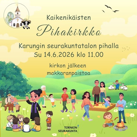 Piirroskuvana toimintaa pihalla ja tapahtuman otsaketiedot.
