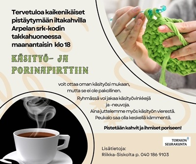 Oikeassa yläkulmassa virkkauskuva ja vasemmassa alanurkassa höyryävä kahvikuppi. Lisäksi tapahtumatiedot.