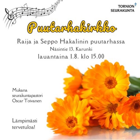 Oikeassa alakulmassa keltaisia kehäkukkia ja yläkulmassa nuotisto. Lisäksi tapahtumatiedot.