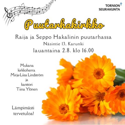 Keltaisia kehäkukkia oikeassa alareunassa ja tapahtumatiedot.