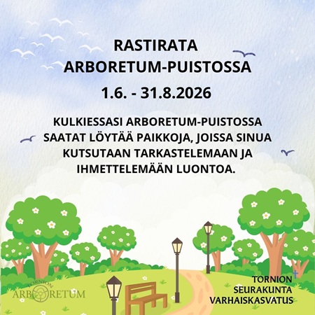 Kesäinen puistomaisema taustalla ja etualalla tapahtuman tiedot.