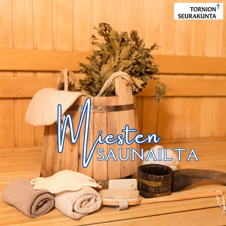 Miesten saunailta Saunan lauteilla vesikiulu, pyyhkeitä, saunavihta ja harjoja.