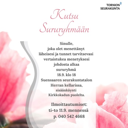 Sururyhmä Taustalla kukkakuva ja edessä tapahtuman tiedot.