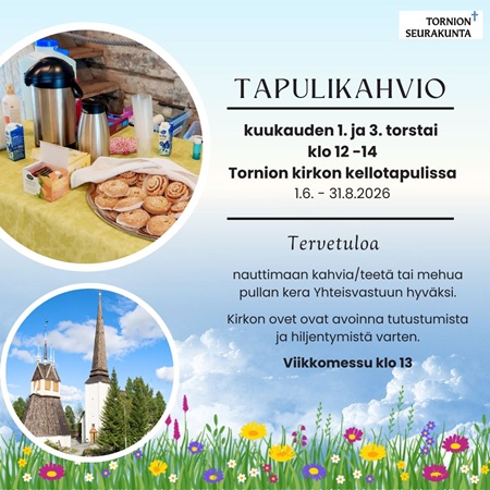 Kesäinen tausta, ympyräkuvissa tarjoilupöytä ja Tornion kirkko. Lisäksi tapahtumatiedot.