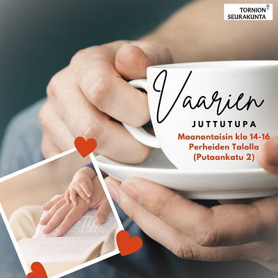 Vaarien juttutupa Valkea kahvikuppi käsissä. Edessä pienempi kuva, jossa kirjan päällä aikuisen käsi ja lapsi pitää kiinni kädestä. Tapahtuman otsaketiedot.