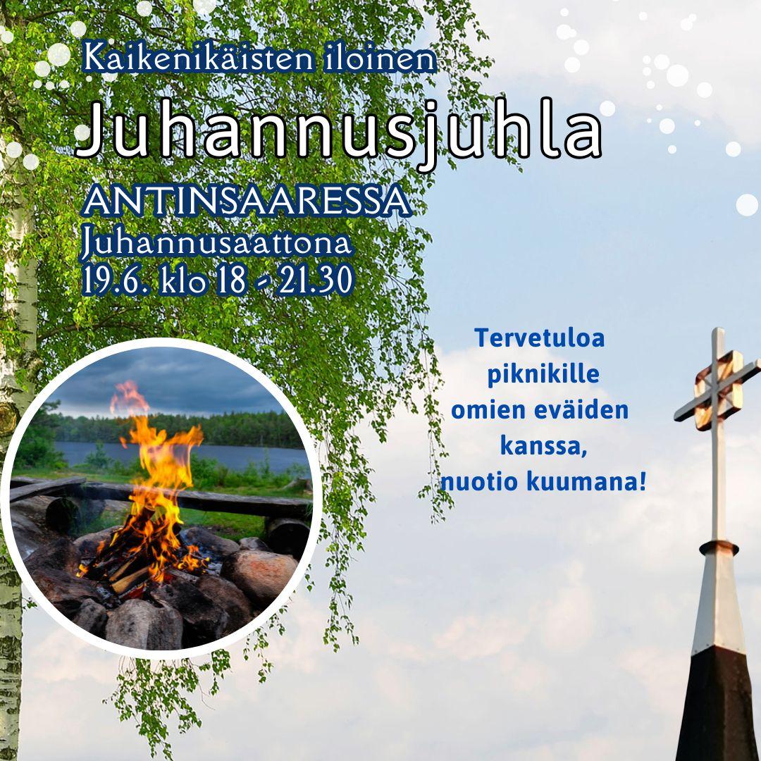 Taustalla täydessä lehdessä oleva koivu ja oikeassa reunassa Antinsaaren kappelin risti. Lisäksi tapahtumatiedot.